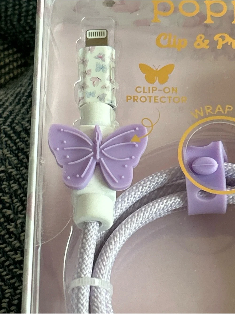 Poppy Clip & Protect USB-A to Lightning Cable – Lavender Butterfly